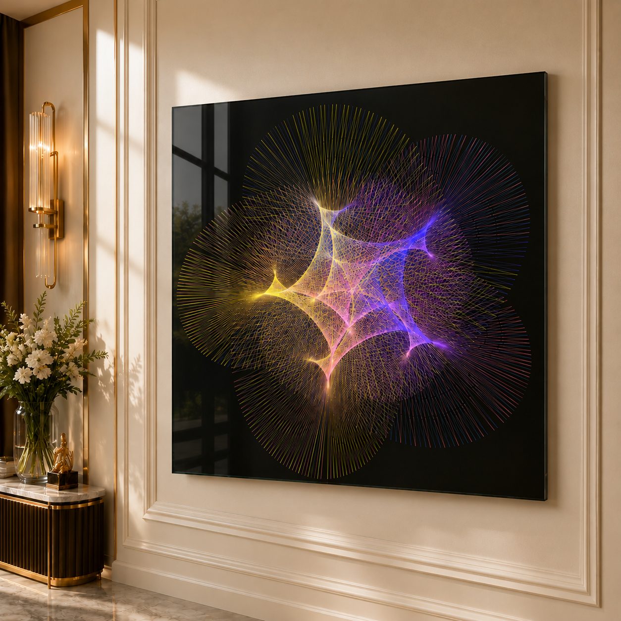 A glass work by Danny JiJi installed on a wall in soft daylight.